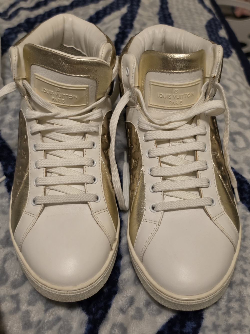 Louis Vuitton White and Gold High-Top Sneakers